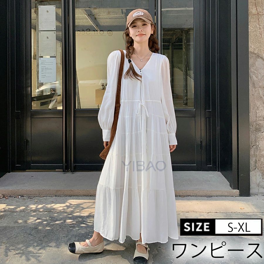 森ガール 可愛い ロリータ風ワンピ 透け防止 白ワンピース マキシ丈 長袖 無地 レディース 学生 透けない 森ガール 可愛い ナチュラル 姫様 かわいい ロングワンピース 春秋 ゆったり