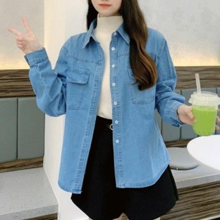 レトロデニムシャツ トップス シャツ デニムシャツ ミディアム 袖あり 長袖 襟付き ポロカラー