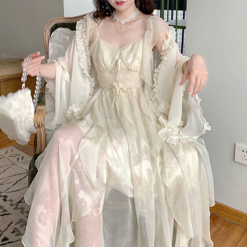 初恋スカートロングスカート夏優しい風弓ウエストフリルサスペンダードレス女性 母の日-0010230