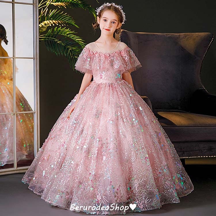 子供ドレス ロングドレス ピアノ発表会ドレス ピンク レース 花柄 スパンコール キラキラ 素敵 キレイめ 演奏会ドレス 女児ドレス フォーマル 演出服 女の子 キッズドレス 100cm 110cm