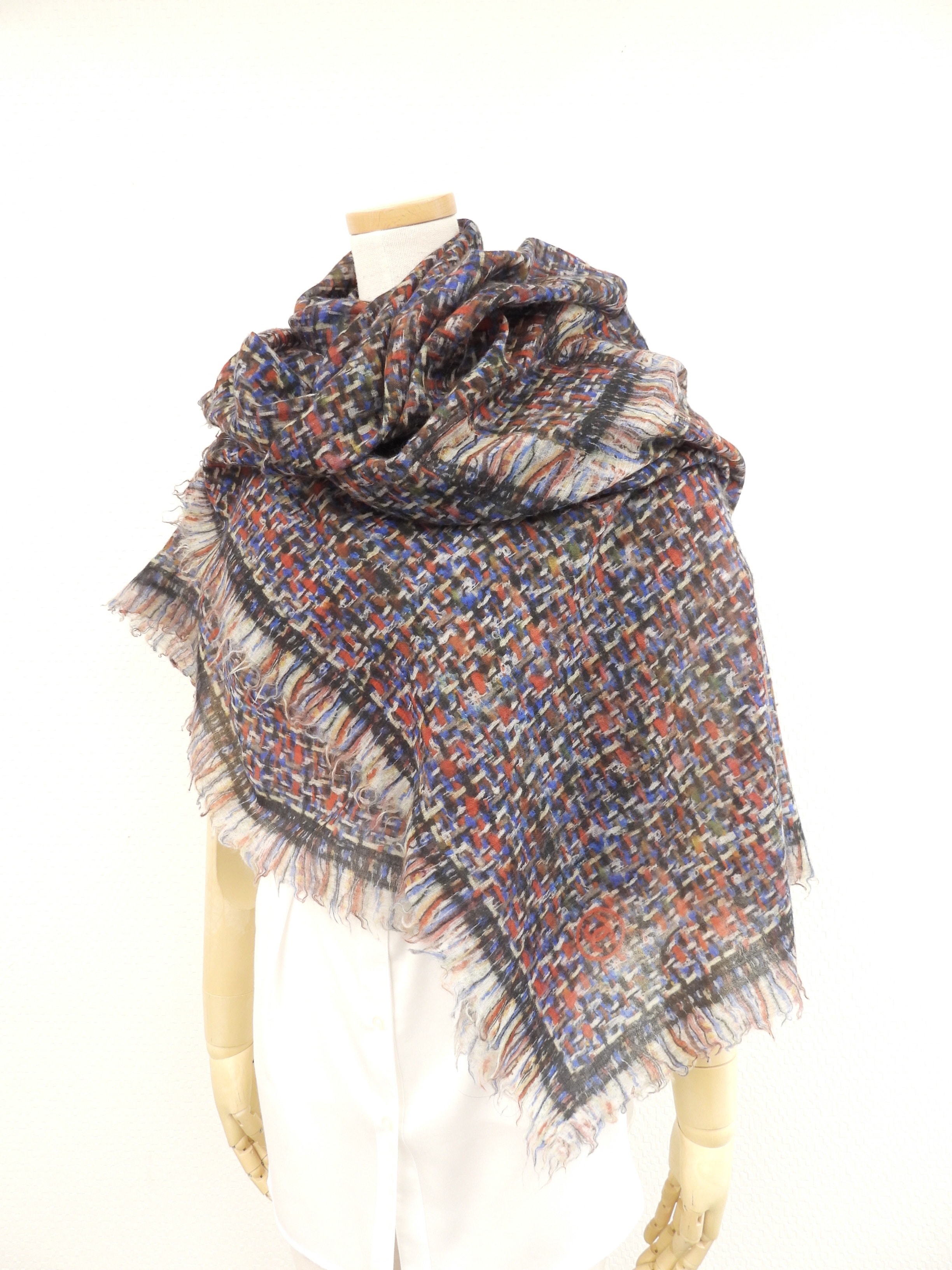 大判スカーフ CHANELロゴ カシミア100% マルチカラー ショール 美品@ 2