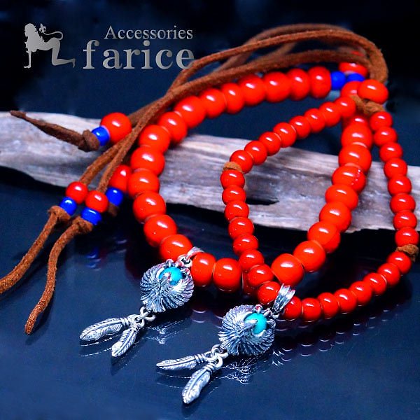 インディアンジュエリー ブレスレット天然石 ルビー ターコイズ レッドコーラル ジルコニア イーグル クロー フェザー 鷲 爪 羽 ブルーグラスビーズ メンズ シルバー925ブレス幅/5mm 6,073円