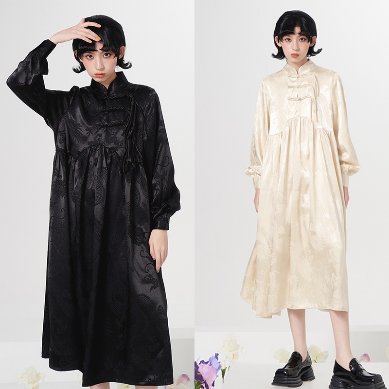 チャイナ風ワンピース 龍紋 スタンドカラー ワンピース ロング シャツワンピース 長袖 フリンジ 改良チャイナドレス