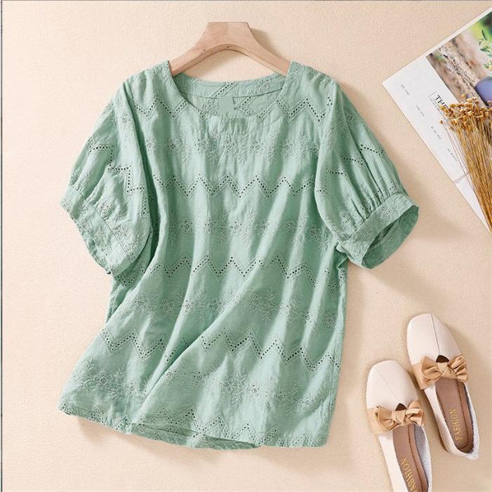 ブラウス トップス シャツブラウス 半袖 レディース チュニック 半袖ｔシャツ 夏 花柄 刺繍 カットソー 体型カバー 綿 コットン フレア 可愛い 5,360円