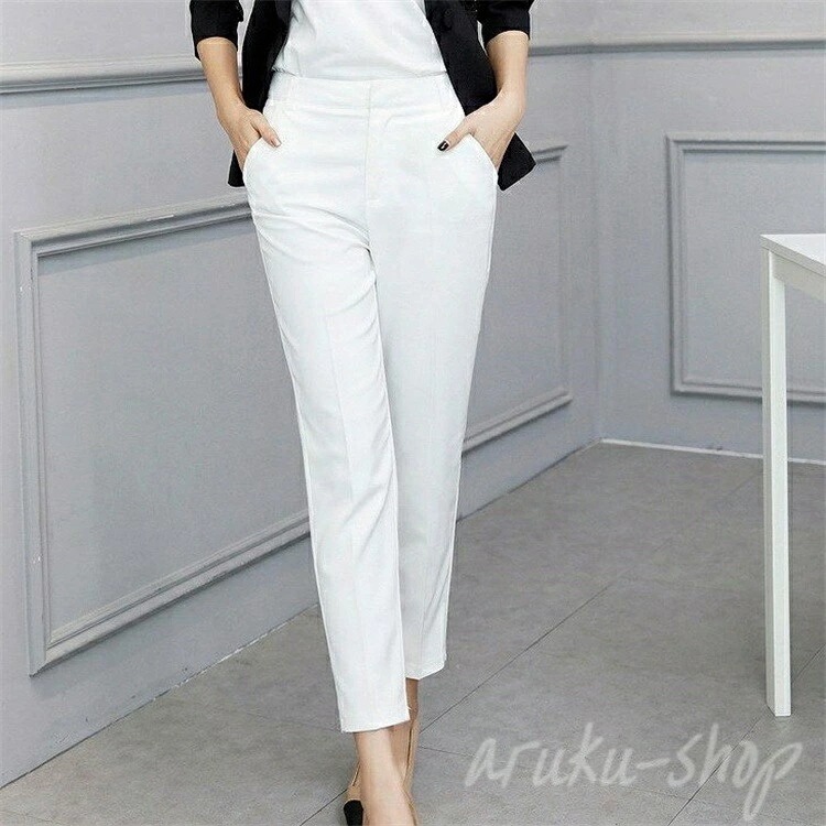 アンクルパンツ クロップド 半端丈 ハイウエスト ボトムス カジュアル 可愛い フェミニン きれいめ エレガント おしゃれ お出かけ オフィス デイリー ブラック ホワイト S M L XL