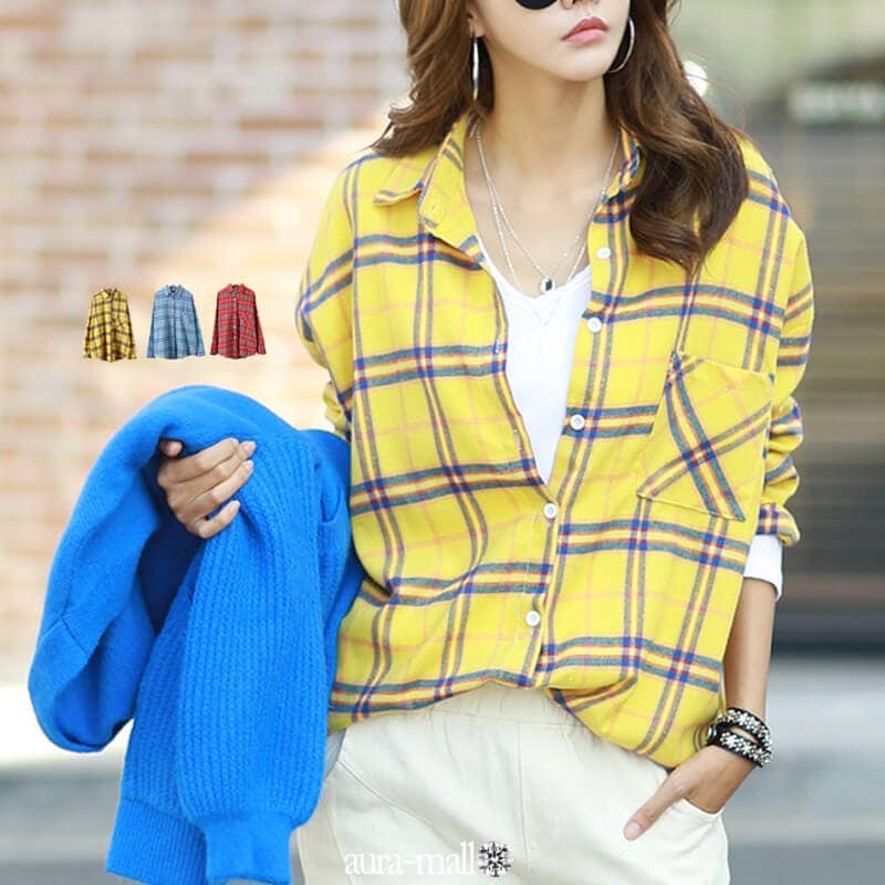ネルシャツ　レディース　ネルシャツ トップス Tシャツ 長袖 チェックシャツ レディース 大きいサイズ チェック柄 イエロー 秋 秋冬 ボタン シャツ