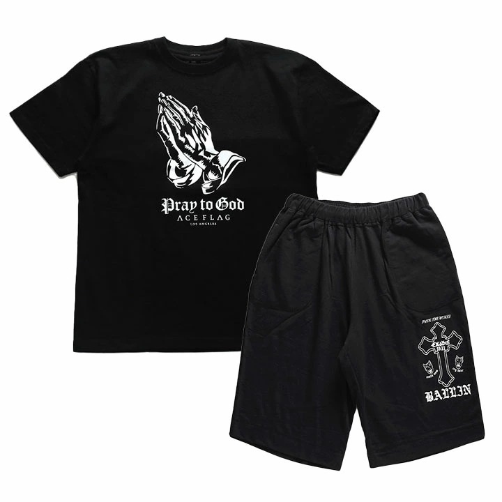 ACE FLAG 上下セット 半袖 ブランド Tシャツ ハーフパンツ メンズ 春夏用 黒 大きいサイズ エースフラッグ セットアップ Praying Hands