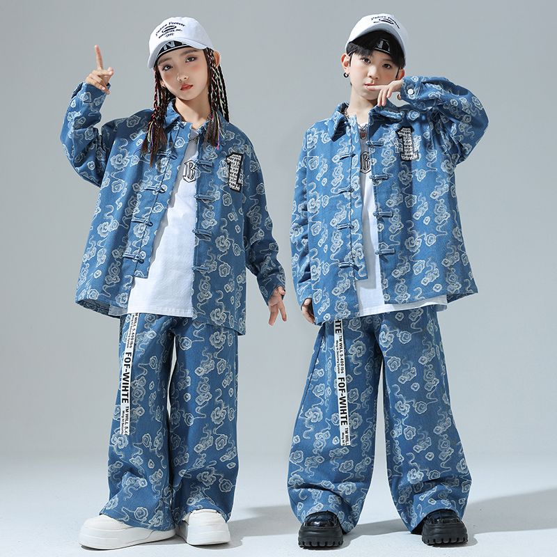 子供の中国風のストリートダンスの演出服の個性的な子供のジャズダンスの演出服の男の子のヒップホップの国潮のデニムのスーツ