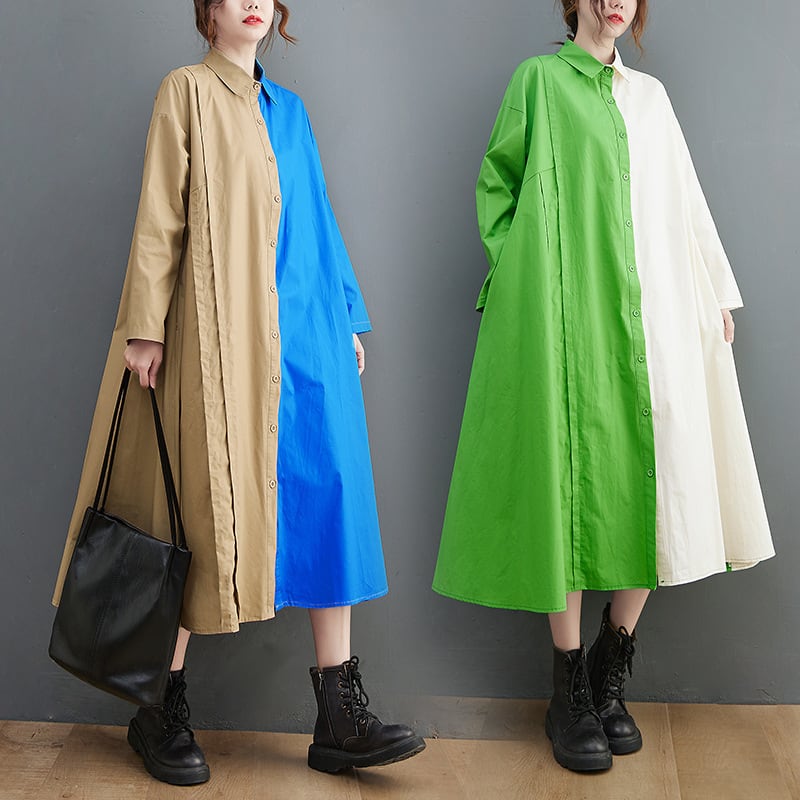 ワンピース ミドル丈 袖あり 長袖 フレア ゆったり 大人可愛い きれいめ シンプル カジュアル 大人 上品 おしゃれ かっこいい レトロ 個性的 バイカラー コントラストカラー 春 夏 10代 20