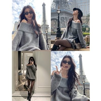 ムルバン白い字の肩のセーターの女性の秋冬の高級感のゆったりしているニットの中で長い肩の上着を現します