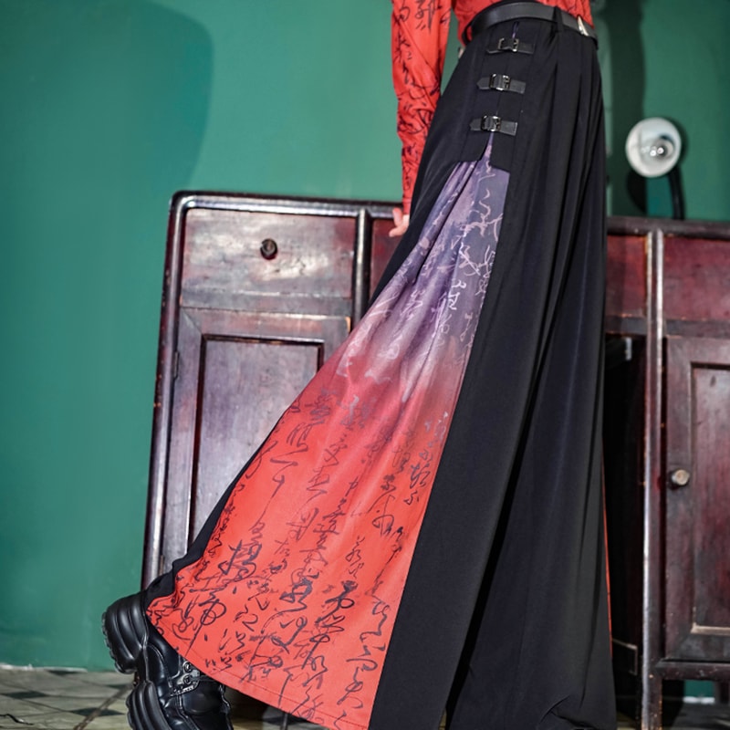 チャイナ風 ワイドパンツ レディース 切り替え バックル ガウチョパンツ 柄パンツ ボトムス ハイウエストズボン 漢字プリント 黒赤 ロンパン パンク系