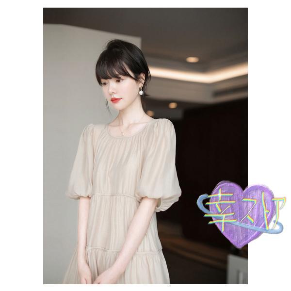 ワンピース 夏 半袖 パフスリーブ ティアード ひざ丈 レディース Aライン 膝丈 キレイめ フェミニン 光沢感 ドレス おしゃれ 可愛い 発表会 音楽会 演奏会