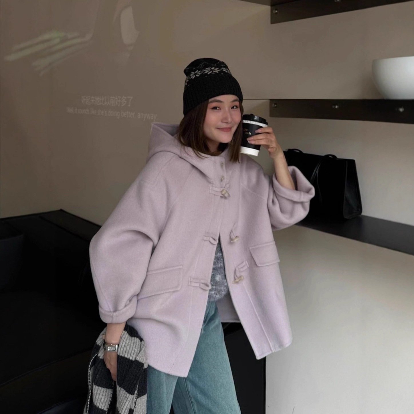 フード付きゆったりとしたスタンドカラーダブルフェイスウールコートミドル丈ワイドレッグオーバーサイズダッフルコートカシミアウールコート韓国スタイル