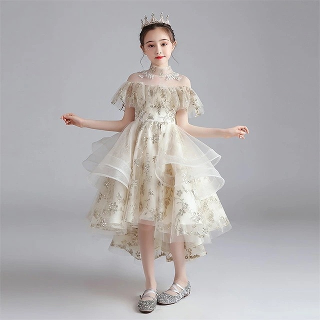 子供ドレス シャンパン色 スパンコール ドレス キラキラ ピアノ発表会ドレス フリル ハイネック 可愛い 女児ドレス ロング 演奏会ドレス 160 キッズドレス ジュニア服 フォーマル ワンピース 子