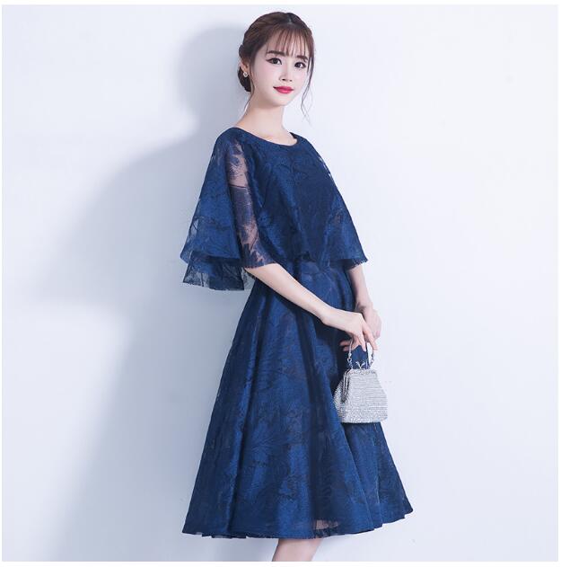 イブニングドレス 高校生 中学生 ピアノ発表会 ドレス 二次会ドレス 大人 ミモレ丈ドレス パーティードレス 韓国 カクテルドレス お呼ばれ ドレス ブライズメイド ドレス 袖あり レース 体型カバー