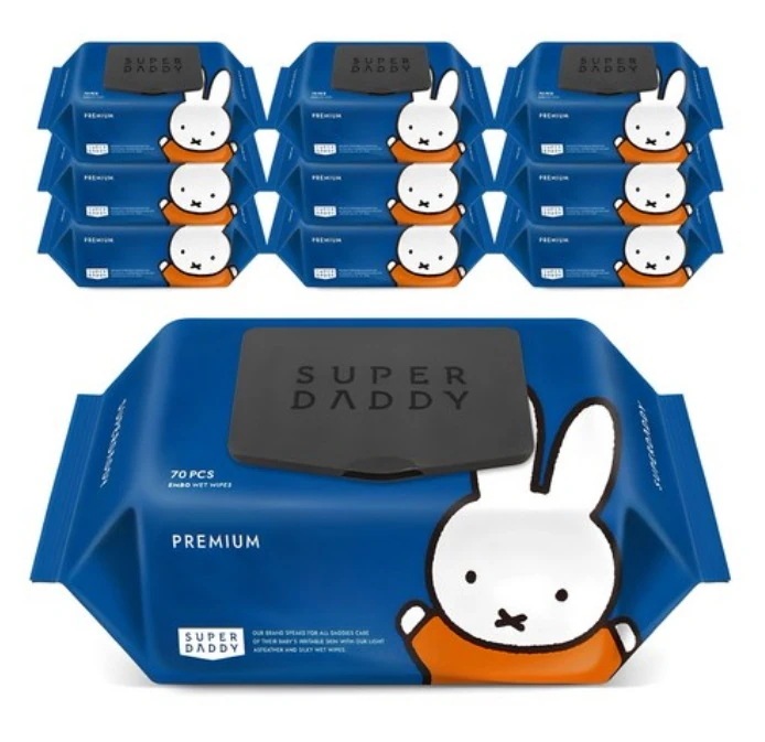 スーパーダディ 低刺激 ベビーウェットティッシュ プレミアム キャップ型 70枚 x 10パック (77gsm)