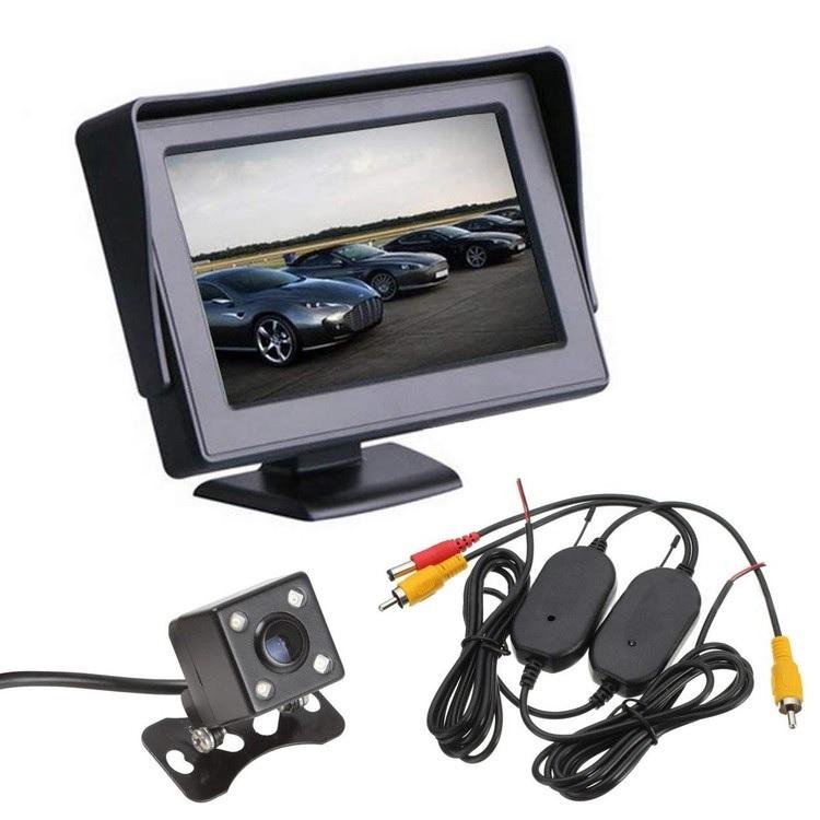ワイヤレスバックカメラセット 12V車専用 暗視に強いCCDカメラ搭載 ワイヤレストランスミッターと4.3インチオンダッシュモニター OMT43WBTBK006