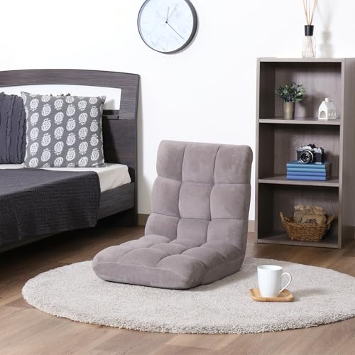 不二貿易 座椅子 フロアチェア コンパクト 幅42×奥行57~98×高さ13~53cm グレージュ ファブリック 42段ギア リクライニング 軽量 ふわもこ 38148