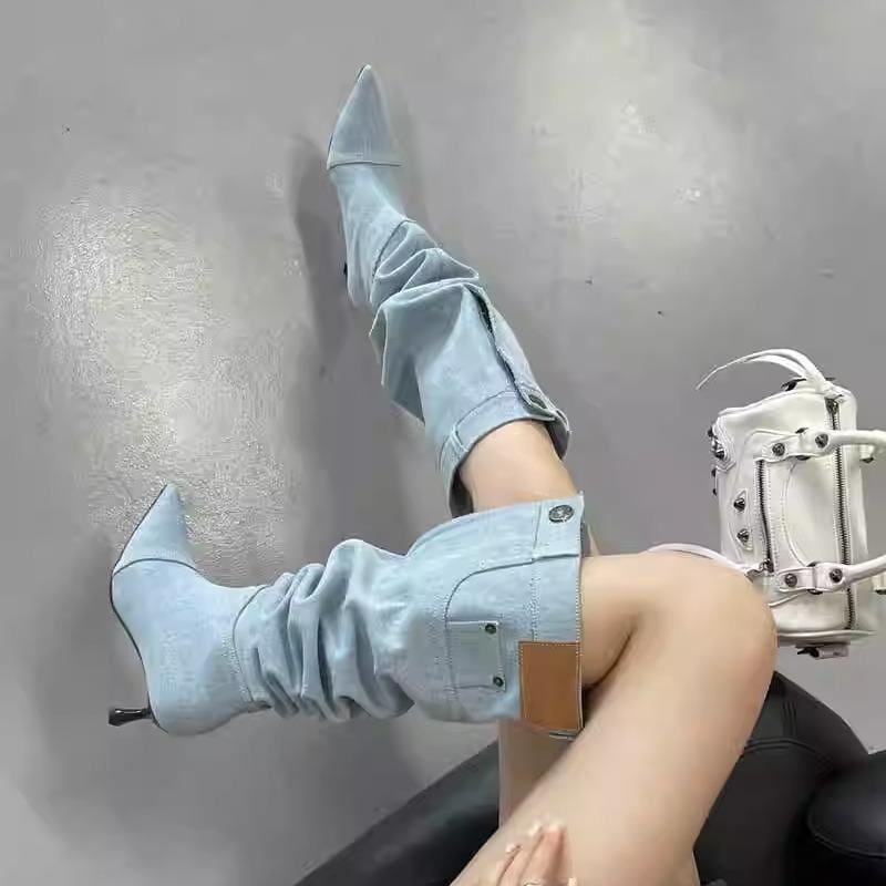 ロングブーツ デニム かっこいい ルーズ ミドルブーツ くしゅくしゅ デニム生地 韓国系 個性的 シーパン ポインテッドトゥ ピンヒール ニーハイブーツ セクシー 青 水色 淡色 黒 ブラックデニム