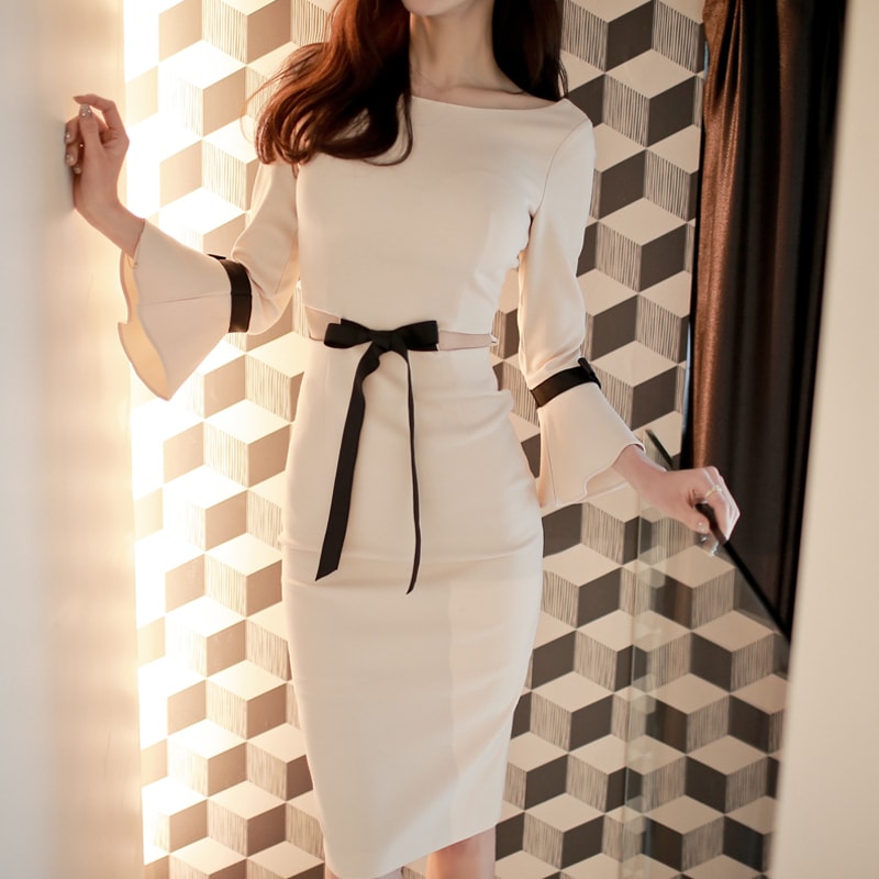 ワンピース レディース ワンピドレス S M L XL 韓国 膝丈 ひざ丈 袖あり お呼ばれ 同窓会 長袖 タイト ボリューム袖 女子会 ウエストリボン かわいい モテ 大人可愛い きれいめ シンプル 5,042円