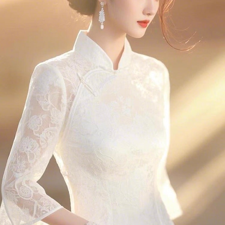 レディース ワンピース 7分袖 フレアスリーブ ステンカラー フェミニン レース 刺繍 異国風 チャイナぼたん かわいい 大人可愛い きれいめ シンプル カジュアル 上品 おしゃれ かっこいい レトロ