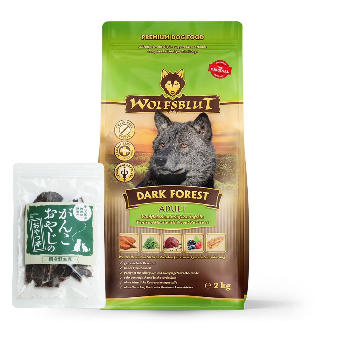 ウルフブラット アダルト ダークフォレスト（シカ肉とスイートポテト）2kg 【国産鹿肉ジャーキー(お試しサイズ)】