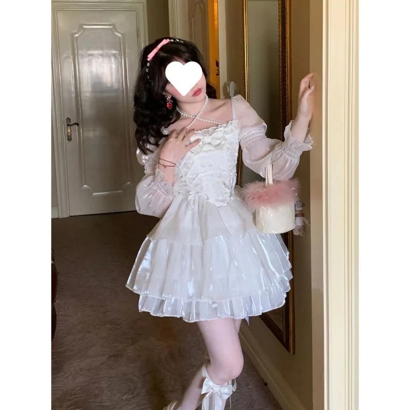 和ロリータ優しくて甘いリボンスクエアネックホワイトメッシュワンピースプリンセスドレス春夏