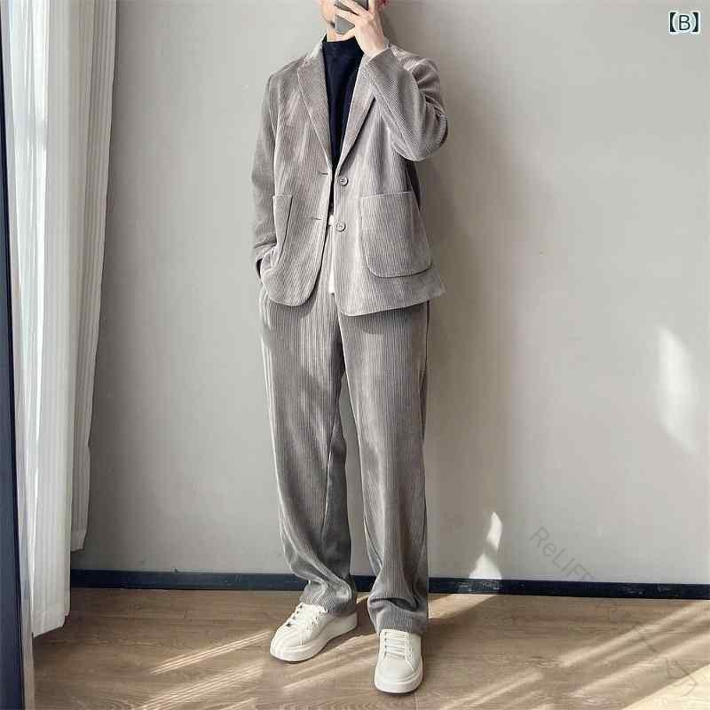メンズスーツ コーデュロイセットアップ ビジネスカジュアル 秋冬ジャケット 防寒ストライプ おしゃれ着心地 高品質素材 ビジネスファッション オフィスコーデ メンズコーーデュロイパンン