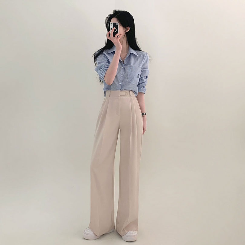 韓国の女性ファッション/ [3つの丈] ワンボタンピンタックワイドロングパンツ pt1313