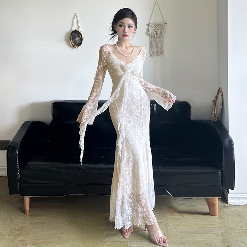 2025春夏 ロングワンピース マキシ丈 ワンピース 長袖 韓国系ファッションフィットVネック パーティー切替きれいめ ハイ ハーフリブフレンチスタイルアップ 色っぽ 女っぽ黑白カジュアル大人