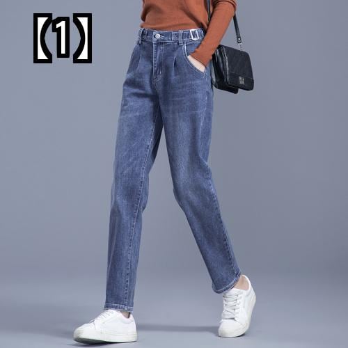 デニム パンツ レディース ハイウエスト ジーパン ジーンズ 2022 秋冬 ルース スリム ストレッチ 暖かい ストレート ブルー ブラック ホワイト