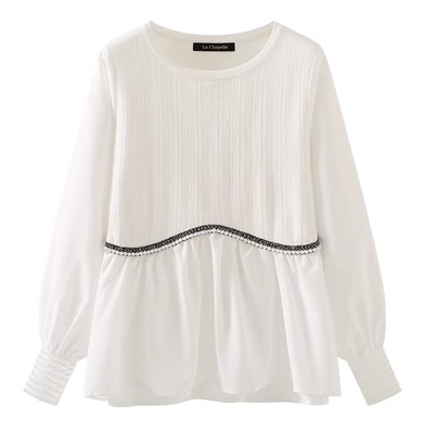 レディース トップス カットソー プルオーバー 長袖 クルーネック フレア 切り替えデザイン トリミング 異素材ミックス かわいい 大人可愛い きれいめ カジュアル 上品 おしゃれ かっこいい