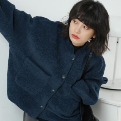 ジャケット シンプル トップス ネイビー 紺 ショート丈 秋冬 袖あり 長袖 スタンドカラー 5,380円