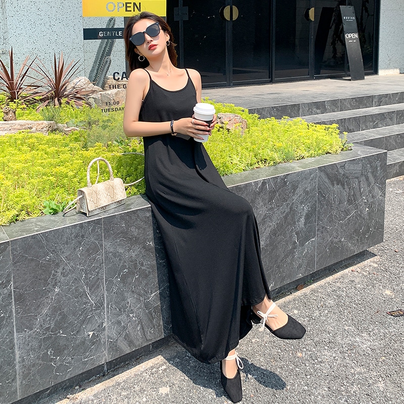ワンピース ロング丈 ノースリーブ フレア Aライン バックスリット シンプル カジュアル おしゃれ