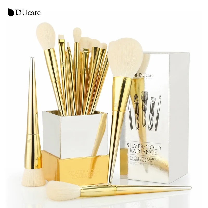 Ducare-メイクアップブラシセット,パウダー,ブラッシュ,コンシーラー,アイシャドウ,リップ,アイライナー,コンシーラー,ブレンド,シルバー,ゴールド,15個