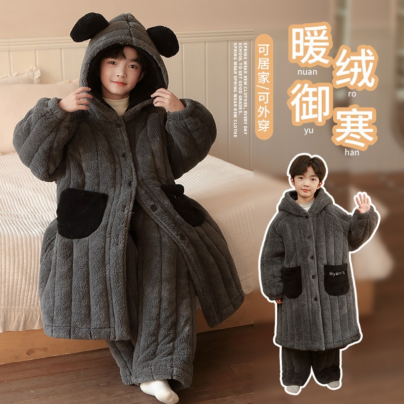 【迅速な出荷】子供用パジャマ男の子用フランネル中・大型子供用三層キルト家庭服スーツコーラルベルベット厚手ロングスーツ