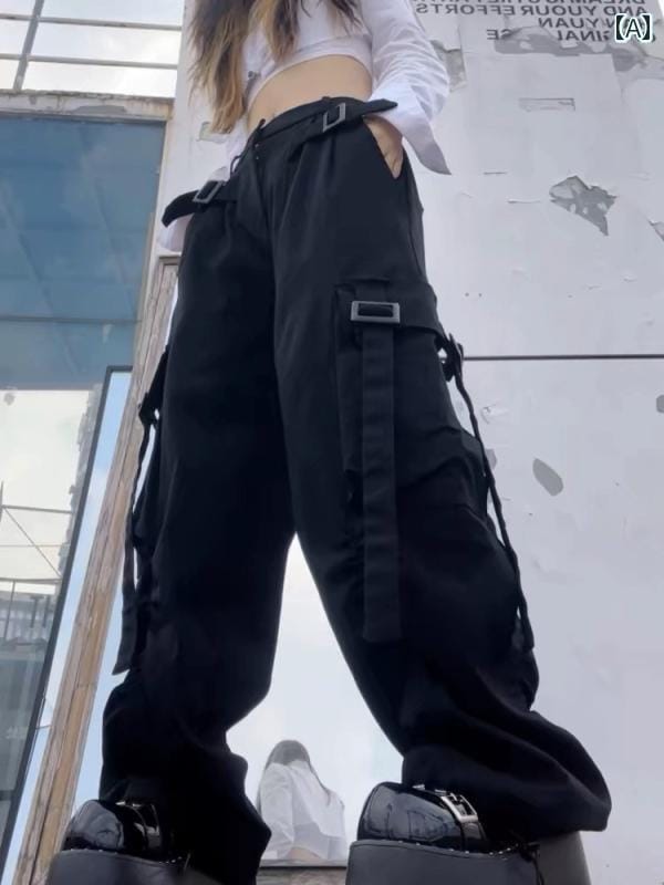 カーゴパンツ　メンズ　レディース 袖口 付きの 機能的な オーバー オール カップルの ストリート ダンス ヒップ ホップ ダーク リボン 重厚 カジュアル ワイド レッグ パンツ