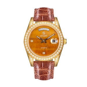 タイガーアイメンズウォッチスイスの全自動機械式ムーブメントダイヤモンドウォッチ防水日付曜日機能自動機械式時計バタフライバックルアリゲーターレザーストラップ