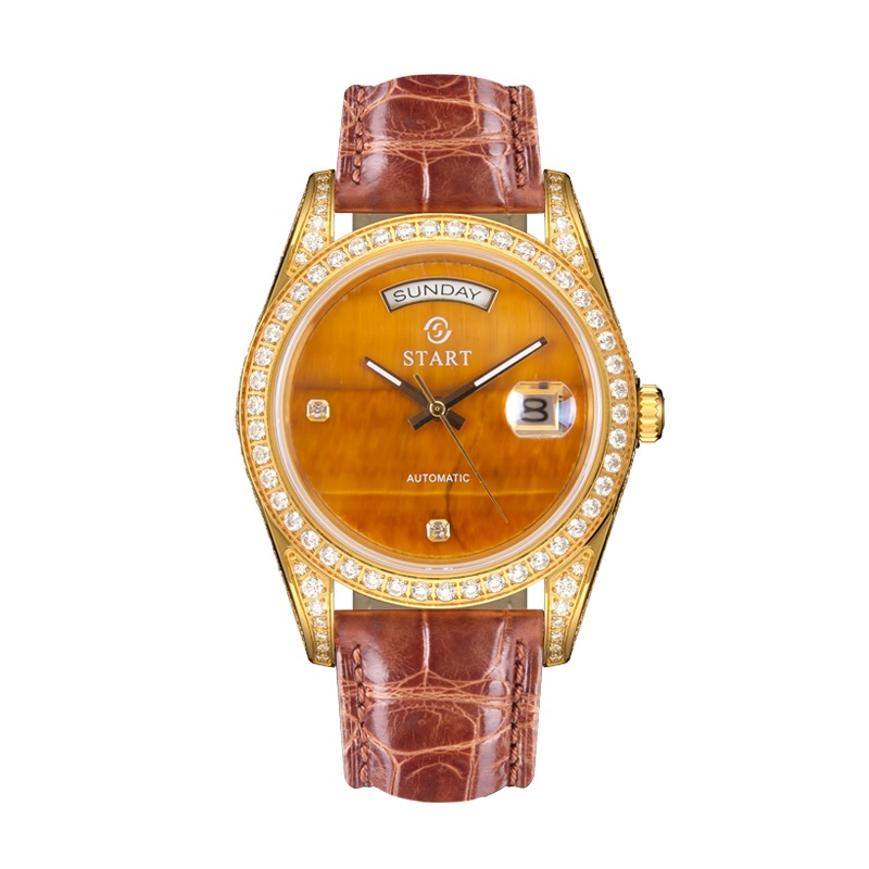 タイガーアイメンズウォッチスイスの全自動機械式ムーブメントダイヤモンドウォッチ防水日付曜日機能自動機械式時計バタフライバックルアリゲーターレザーストラップ
