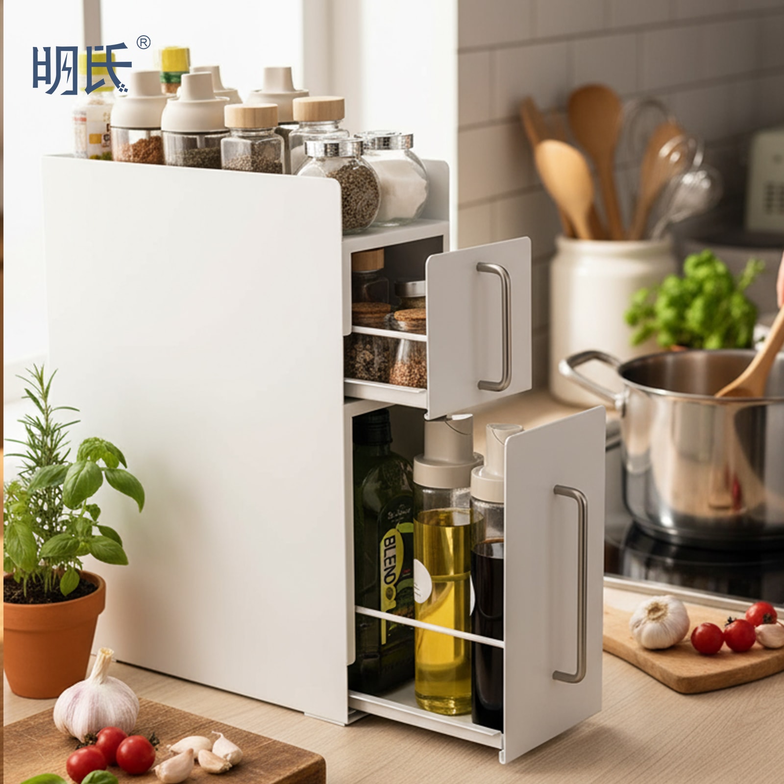 隠せる調味料ラック 2 段 14×35×48cm 引き出し式 完成品 ホワイト