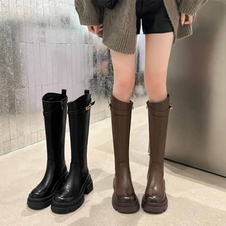 【期間限定】ブーツ ロングブーツ ジョッキー ラウンドトゥ 厚底 サイドジッパー ベルト 【ash409-016】【予約販売：15-20日】宅込 6,189円