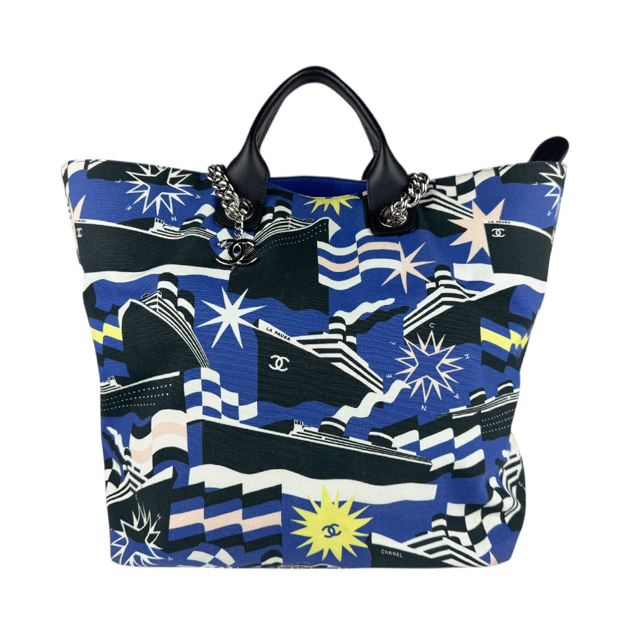 シャネル CHANEL ショルダーバッグ ハンドバッグ クルーズコレクション キャンバス/レザー ブルー×ブラック×ホワイト レディース z5466