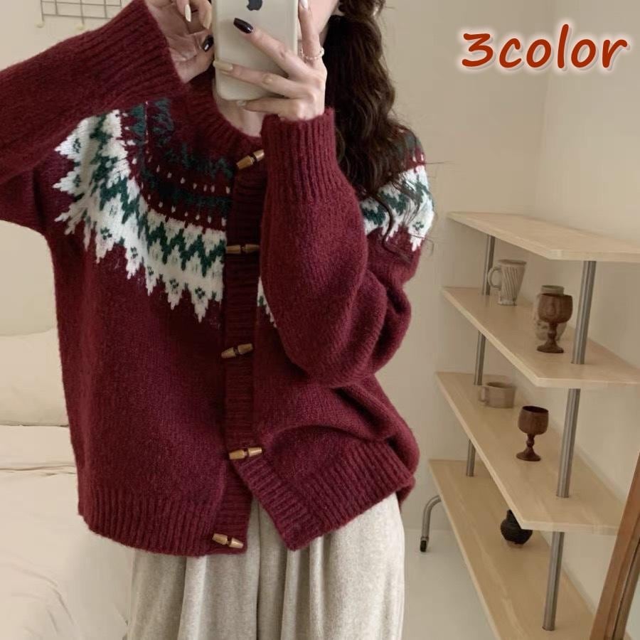 カーディガン レディース 長袖 ラウンドネック トグル ノルディック柄 お出かけ おしゃれ ベージュ レッド グレー
