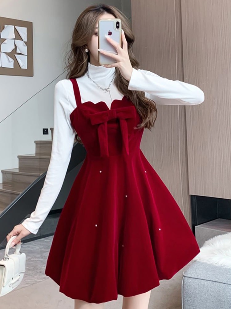 【1つ買うと10つ無料】気質赤ベルベットキャミソールドレス女性小さなキャラクターパフプリンセススカートスカート