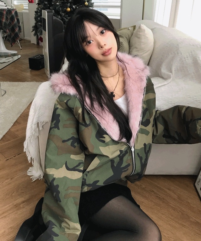 [y2k/ブランドクオリティ] ローズ ミリタリー ミンク ファー リバーシブル 後 パーカー ジップアップ カモ ジャケット * 2 color *