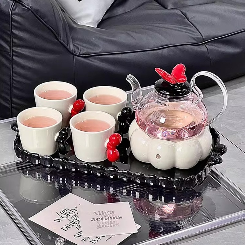 黒赤蝶蓋セラミックフラワーポットセット家庭用リビングアイデアフレンチフラワーポットティーカップ