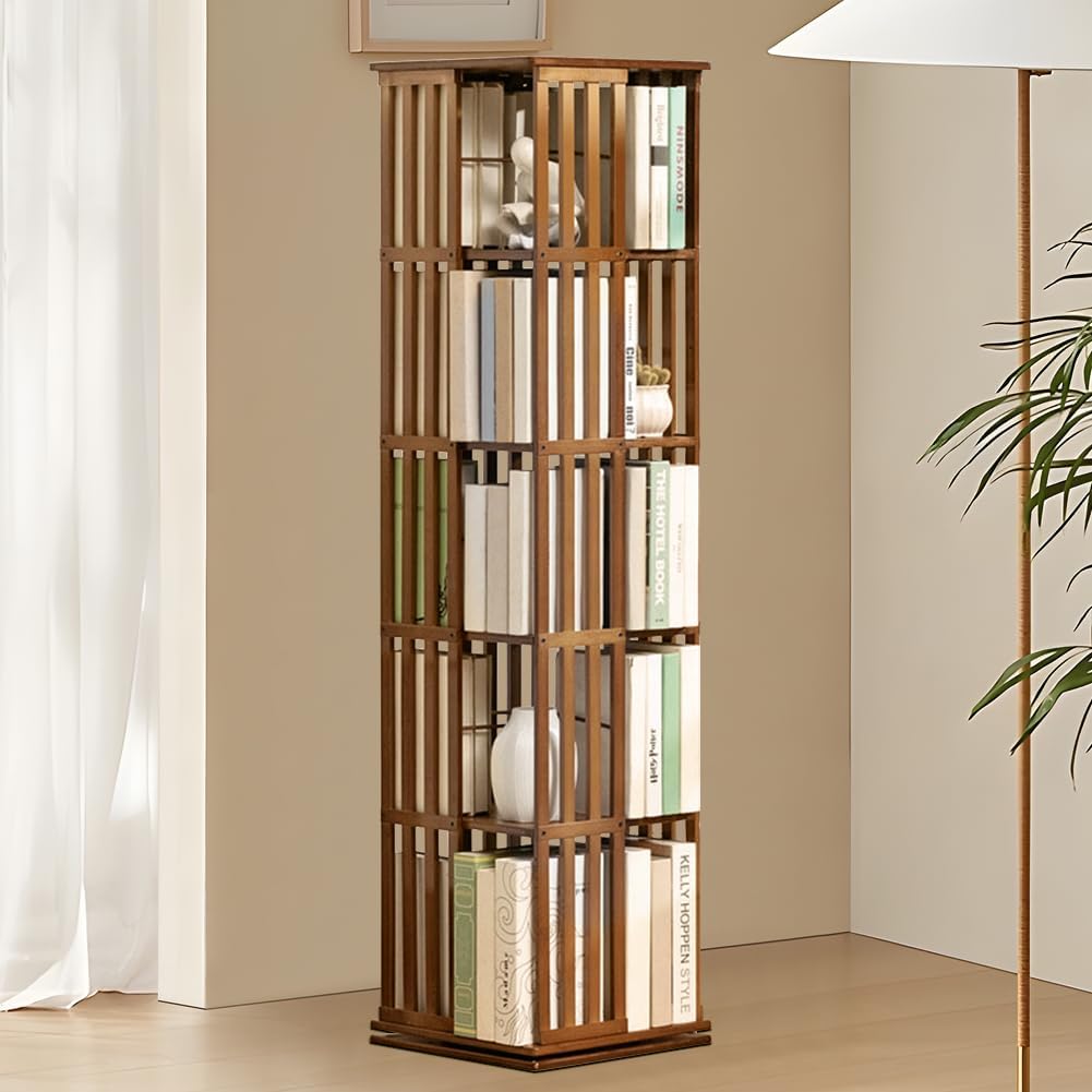 DINGHANG 回転式大容量竹製棚 4面 回転ラック コミック収納棚 本棚 DVDラック 竹製 省スペース ブラウン