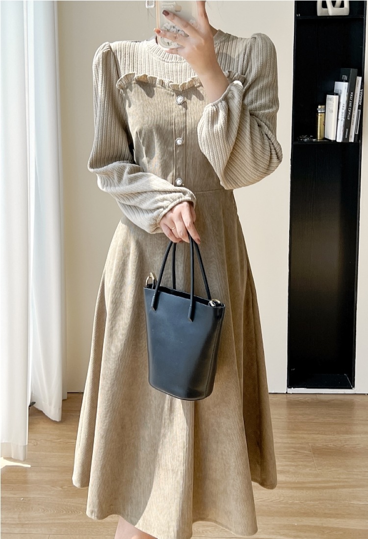 ワンピース フレアワンピース ミモレ丈 長袖 Uネック 切り替えデザイン バックリボン ドッキング 綿 ニット シンプル カジュアル 大人 おしゃれ 存在感 無地 春 秋 冬 レディース お出かけ