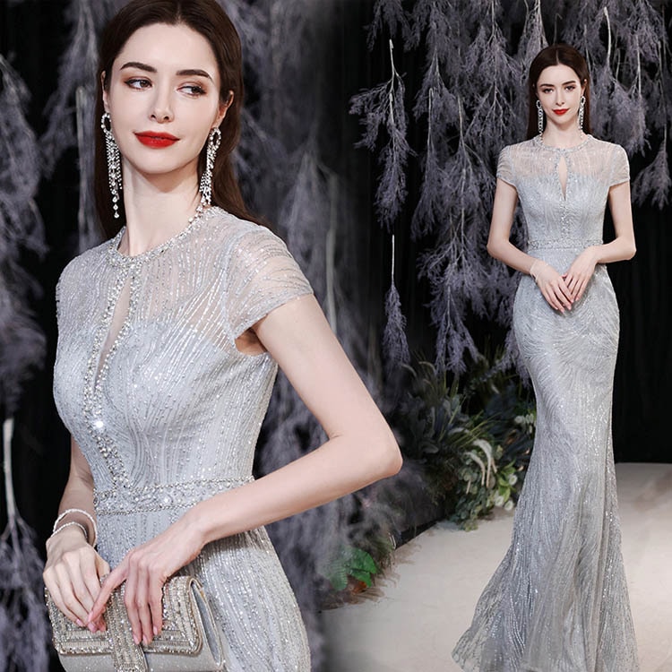 完売御礼マーメイドドレス グレー ロングドレス イブニングドレス マーメイドライン ビーズ スパンコール 素敵 キレイめ 発表会ドレス タイトドレス パーティードレス ロング丈 大きいサイズ XS S