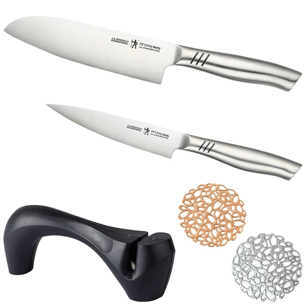 包丁セット 三徳包丁 ペティナイフ オールステンレス 食洗機対応 HI包丁研ぎ器＋コースター2枚おまけ 4点特別セット